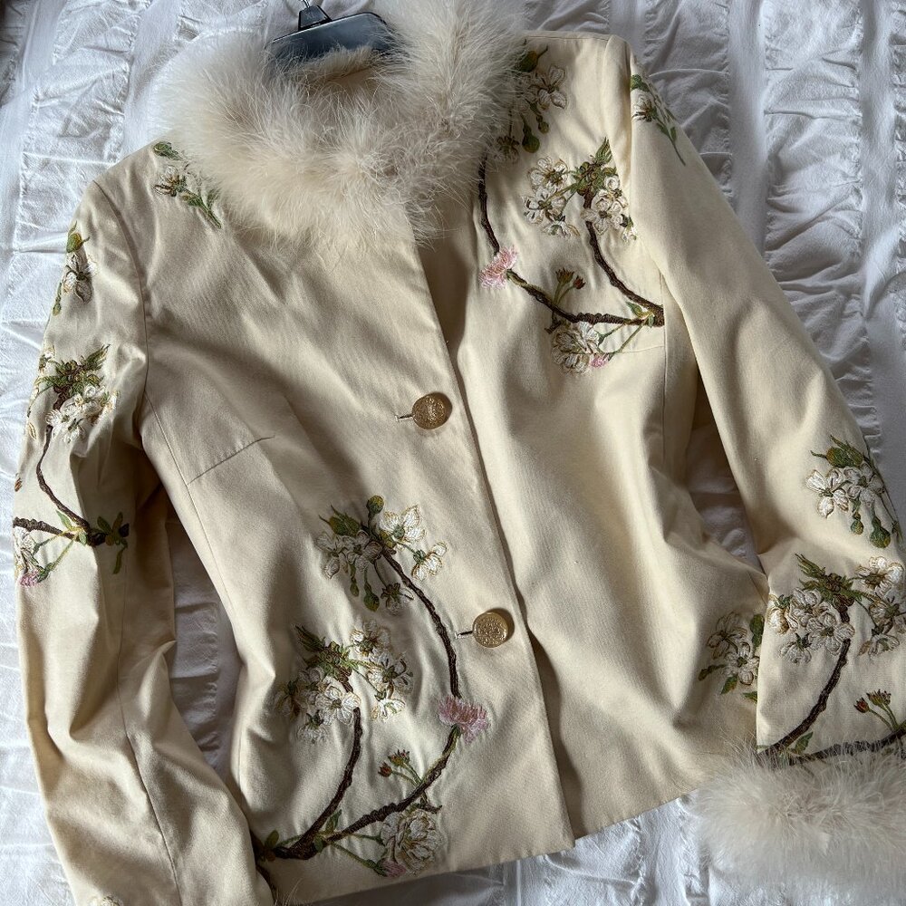 Cole Haan Cream Floral Fur Trimmed Jacket, Size: 6